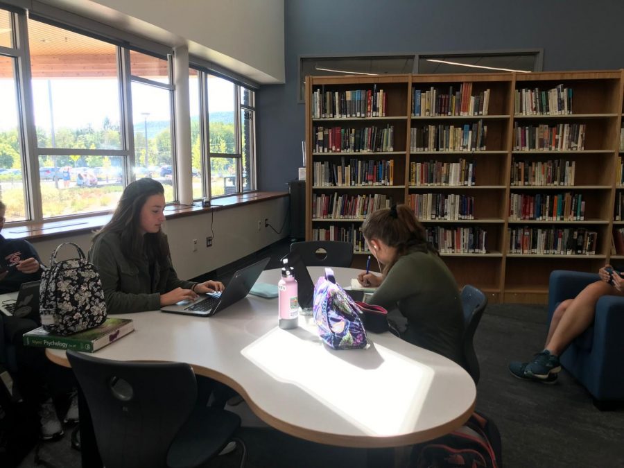 Seniors Anna Welch and Ciera Schwarzer do work for their block nine independent studies.