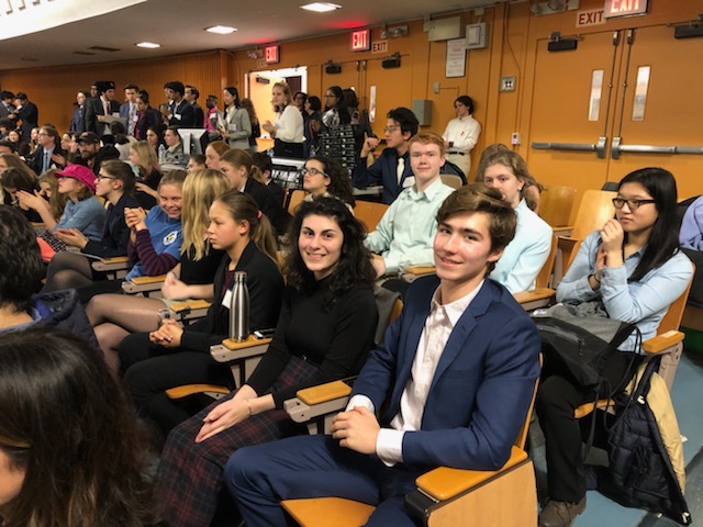 Students sit in the auditorium at the Bronx High School of Science